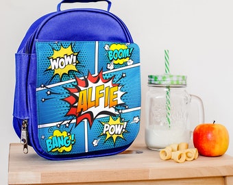 Personalised Comic Style Lunch Bag, Insulated Superhero Lunch Box, Name Lunch Box for Kids Nursery Toddlers, Back to School Supplies