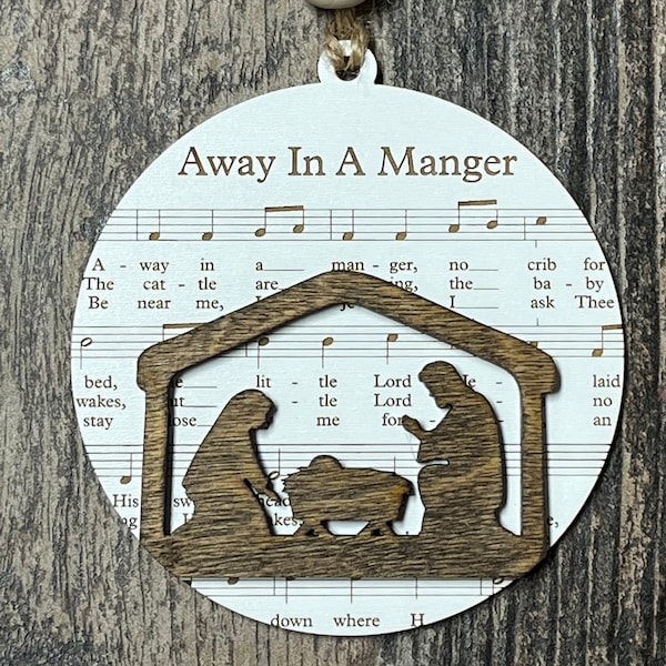 Away In A Manger ornament • Wood Christmas Ornament • Nativity Scene • Sheet music Hymns • Holiday Decor • 2023 Xmas gifts • custom ornament