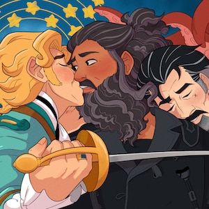 May include: Digital illustration of three figures in a romantic embrace. One figure with blonde hair and a teal jacket holds a golden rapier. The background features a starry night sky and red tentacles.
