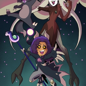 May include: A purple-haired witch with glowing yellow eyes flies through a starry night sky. She holds a staff with a snake head and is accompanied by two other figures, one with a skeletal head and the other with a long, flowing white mane.