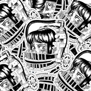 May include: Black and white illustration of a woman's face with a metal cage over her head. The cage is made of metal bars and has a gear on the side. The woman's face is contorted in pain and she has tears running down her cheeks. The illustration is in a graphic style and has a dark and disturbing feel. The text "@SHADIAMINART" is visible in the bottom right corner of the image.