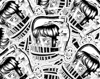 Könnte beinhalten: Schwarzweiß-Illustration eines Frauenkopfes mit einem Metallkäfig über dem Kopf. Der Käfig besteht aus Metallstäben und hat ein Zahnrad an der Seite. Das Gesicht der Frau ist vor Schmerz verzogen und Tränen laufen ihr über die Wangen. Die Illustration ist im grafischen Stil gehalten und wirkt dunkel und verstörend. Der Text "@SHADIAMINART" ist in der unteren rechten Ecke des Bildes sichtbar.