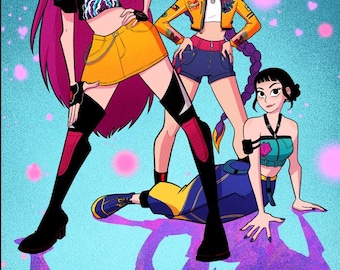 Pode incluir: Ilustração de três figuras estilizadas em trajes da moda. As figuras estão em uma pose dinâmica, com uma deitada. A paleta de cores inclui amarelo, azul, roxo e rosa. A palavra "HUNTRX" está na parte inferior.