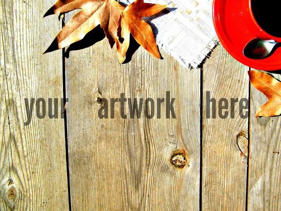 Mockup Wood Table Red Cup Yellow Leaf Rustic Stock