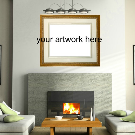 Mockup Living Room Background Gold Frame 19x24 Horizontal Frame
