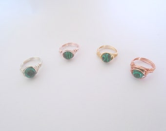 Malachite Copper Wire Wrapped Ring: Boho Stacking Ring