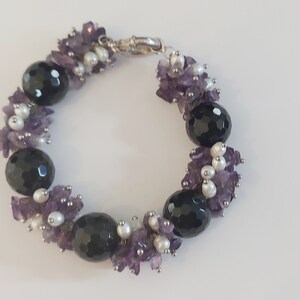 Chunky Amethyst Cluster Bracelet, Freshwater Pearl, Silver Beaded Jewelry