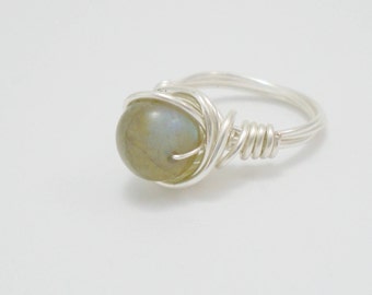 Wire Wrapped Labradorite Ring, Beaded Gemstone, Handmade Jewelry