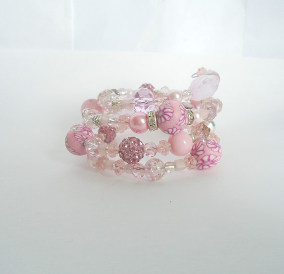 Baby Pink Beaded Memory Wire Bracelet, Boho Layering Stacking Bracelet