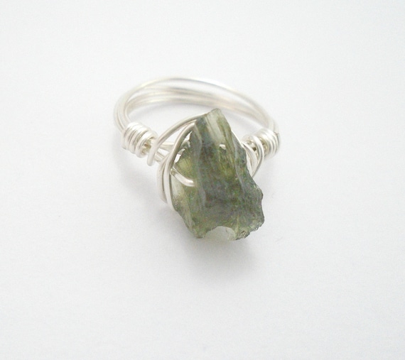 Rough Moldavite Sterling Silver Ring: Dainty Meteorite Jewelry
