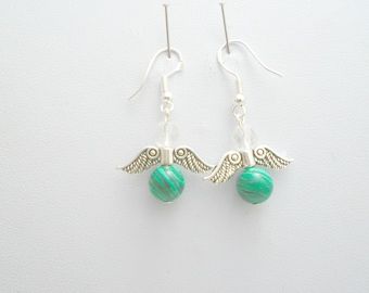 Malachite Angel Wing Earrings: Sterling Silver, Czech Crystal