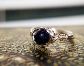Blue Sandstone Wire Ring: Silver Stacking Boho Ring