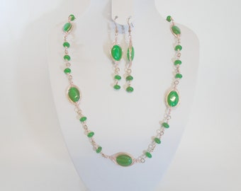 Green Onyx Jewelry Set, Beaded Necklace Set, Long Necklace Earring Set, Green Gemstone Necklace, Wire Wrapped Jewelry, Onyx Jewellery