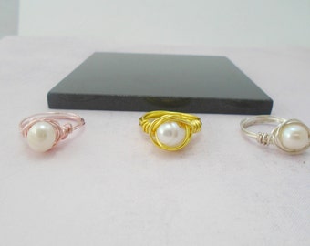 Freshwater Pearl Ring: Rose Gold Wire Wrapped, June Birthstone