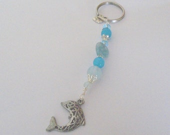 Dolphin Key Ring, Charm Key Chain, Beaded KeyRing, Blue Gemstone Keychain, Beaded Key Holder, Dolphin Key Chain, Letterbox Gift, Friend Gift