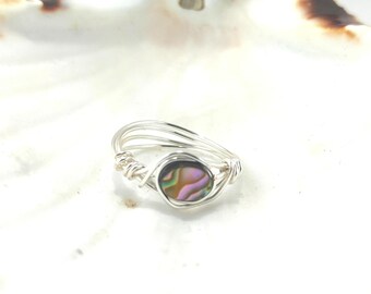 Sterling Silver Wire Wrapped Abalone Shell Ring, OOAK Boho Jewelry