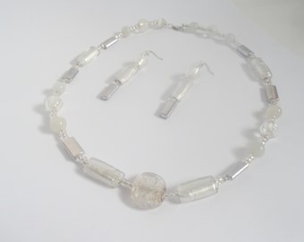 Handmade Silver Glass Beaded Necklace Earring Set