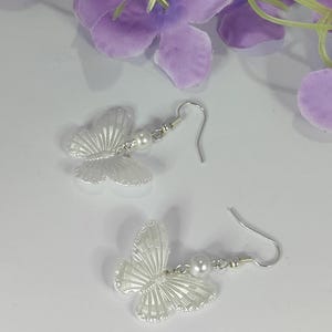 Long Butterfly Earrings, White Pearl & Silver Statement Jewelry