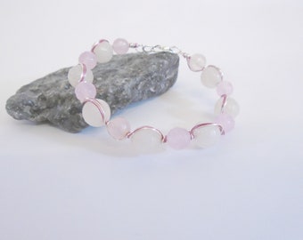 Rose Quartz Wire Bracelet, Rose Quartz Bracelet, Pink Gemstone Wire Wrapped Jewelry, Beaded Wire Bracelet, Rose Quartz Bead Bracelet