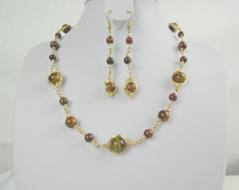 Gold Plated Tigers Eye Jewelry Set: Wire Wrapped Necklace & Earrings