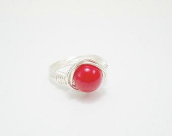 Red Coral Gemstone Ring, Silver Plated Wire Wrapped Stacking Ring
