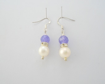 Amethyst and Pearl Dangle Earrings: Sterling Silver Earwires