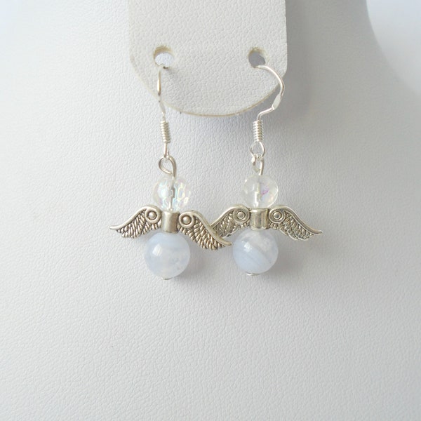 Blue Lace Agate Earrings, Angel Wing Earrings, Agate Jewelry, Guardian Angel Jewelry, Gemstone Earrings, Crystal Earrings, Unique Gift