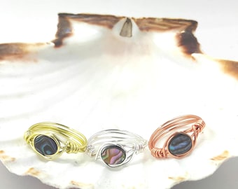 Wire Wrapped Abalone Ring: Silver Plated Boho Jewelry
