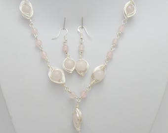 Rose Quartz Jewelry Set: Sterling Silver Wire Wrapped Necklace & Earrings