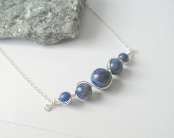 Lapis Lazuli Sterling Silver Bead Bar Necklace, Gemstone Jewelry