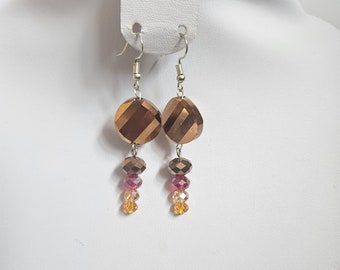 Handmade Bronze Crystal Dangle Earrings, Beaded Jewelry