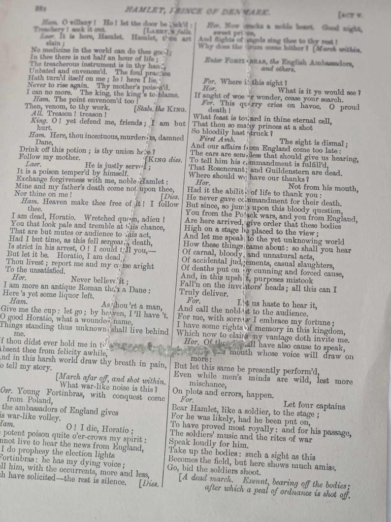 May include: A black and white printed page from a book with text from the play Hamlet by William Shakespeare. The text includes the famous lines "To be or not to be, that is the question." and "The rest is silence."