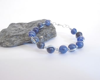 Artisan Sodalite Beaded Bracelet, Blue Gemstone Stacking Jewelry