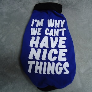 May include: Blue dog shirt with white text that reads "I'm why we can't have nice things."
