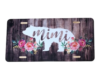 Mimi Bear License Plate: Floral Wood Design Mimi Bear Car Tag