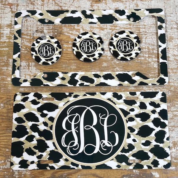 Leopard License Plate, personalized, black and white and gold leopard, cheetah license plate, monogram leopard car tag