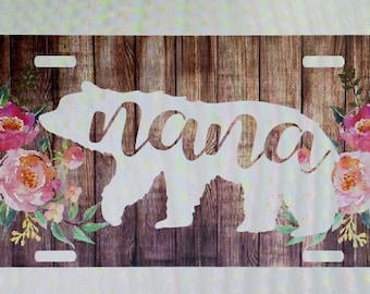 Nana Bear License Plate: Floral Wood Design Car Tag