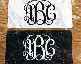 Marble Monogram License Plate: Personalized Car Tag white or black