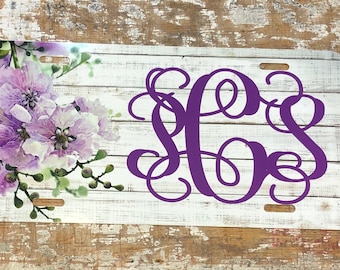 Purple Floral Monogram License Plate: Personalized Car Tag