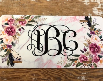 Floral Marble Monogram License Plate: Personalized Car Tag