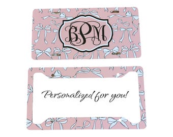 Coquette bow License Plate, personalized, custom, pink, white bows