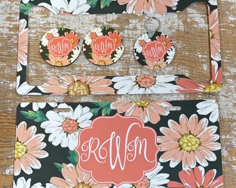 brown license plate with pink flowers personalized monogrammed keychain coaster frame