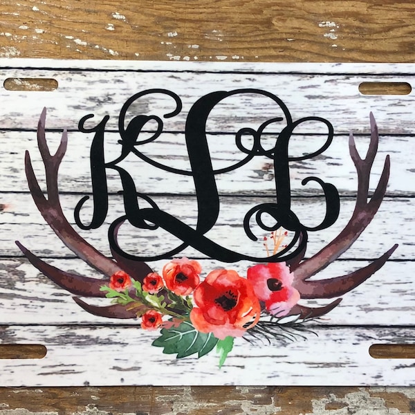 monogram license plate antlers wood look distressed car tag personalized keychain car coaster frame