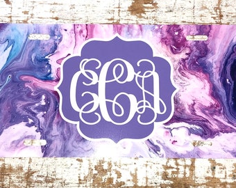 Purple Marble Monogram License Plate: Purple Personalized Car Tag