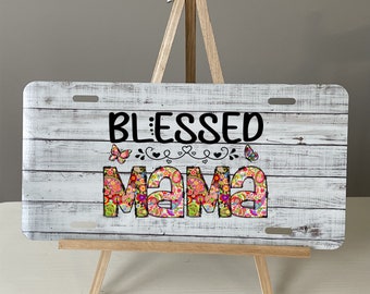 Blessed Mama Metal License Plate: Floral Print Car Tag
