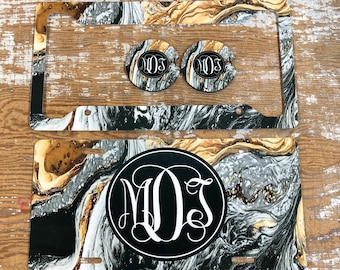 Marble Monogram License Plate: Personalized Car Tag black and gold