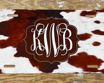 Cow Print License Plate: Personalized Monogram Car Tag brown and white