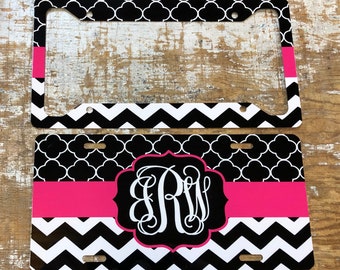 Personalized Monogram License Plate: Black Chevron Quatrefoil Car Tag