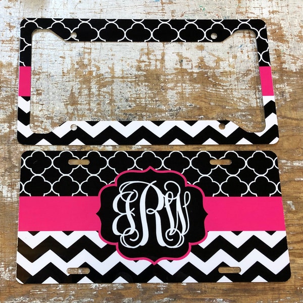 Black Monogram License Plate personalized license plate black chevron quatrefoil license plate monogram Car Tag