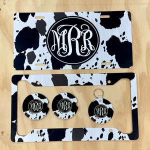 Cow print License Plate, personalized, black and white cow print, cowhide license plate, monogram cow print car tag